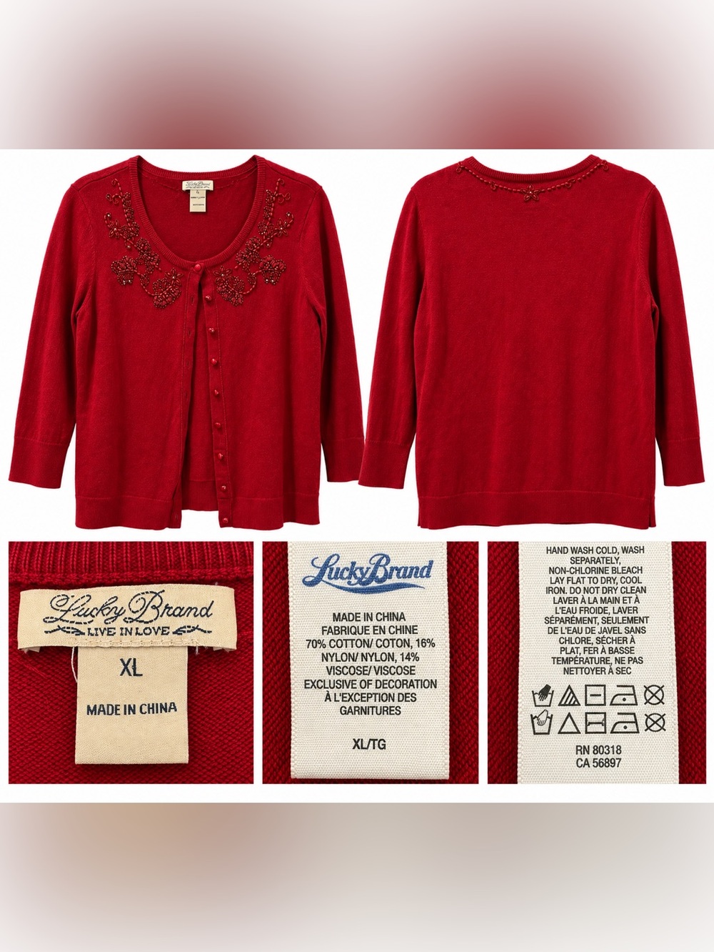 Lucky Brand Red Embellished Cardigan Sweater – Size XL